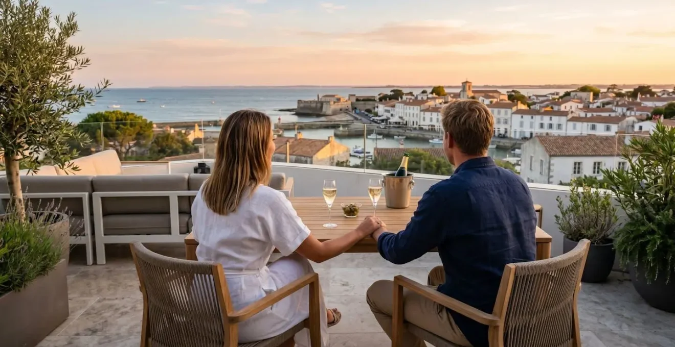 A couple relaxes on a spacious private terrace overlooking the Atlantic Ocean at sunset on Île de Ré