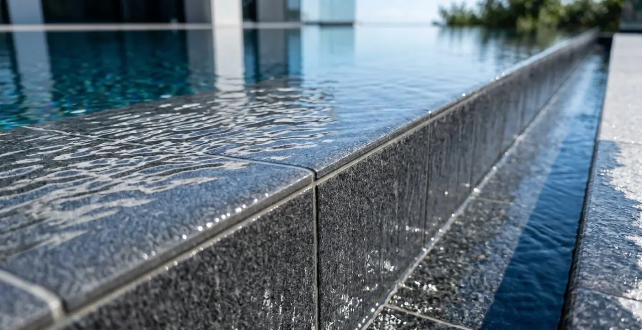 Extreme close-up of a modern infinity pool edge with water droplets, blurred Atlantic Ocean horizon beyond