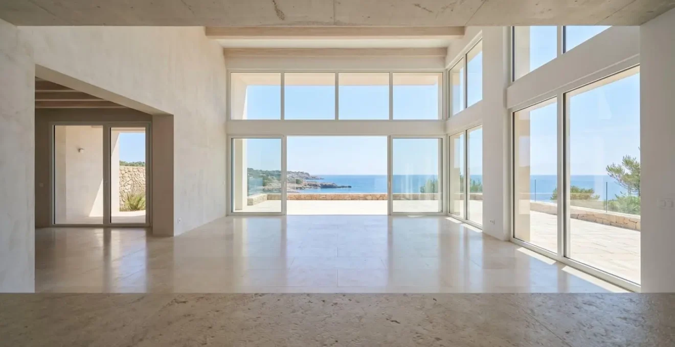 Wide-angle interior view of a contemporary French coastal villa with abundant natural light flooding through open doors onto terrace
